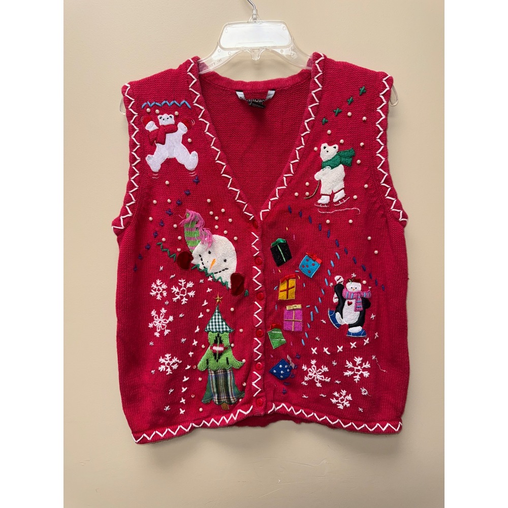 Reference Point Womens Red Christmas Sweater Vest Polar Bear Snowman Large L